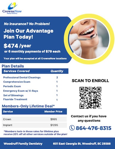 The image is a screenshot of an advertisement featuring a dental clinic s plan details, including a call to action for a free consultation and an invitation to join their advantage plan.