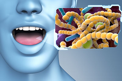 The image is a digital composite featuring a man s face with an open mouth, which appears to be in the process of speaking or singing. To his right is a small, stylized representation of a virus particle, with ribbons and spikes characteristic of such particles, and it is colored yellow and blue. The background is a gradient of blue tones.