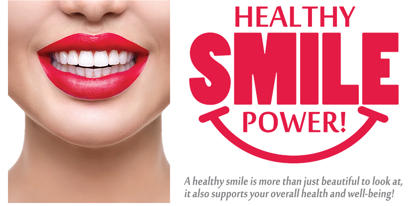 A promotional image featuring a close-up of a person s face with red lipstick, displaying a bright smile, against a white background, with the text  HEALTHY SMILE POWER   overlaid at the top.