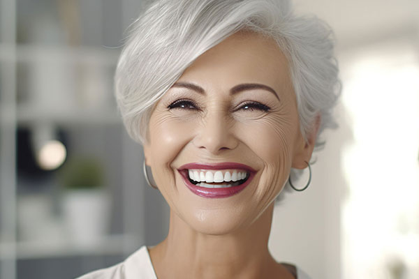 The image features an older woman with white hair, wearing a white top and smiling broadly at the camera.